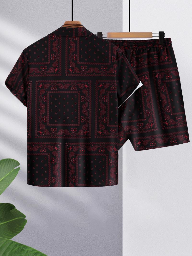Men's All Over Print Short Sleeve Shirt & Shorts Two-piece Set, Casual Button Collar Top & Drawstring Waist Shorts, Men's Summer Clothes, Casual Outfit Set
