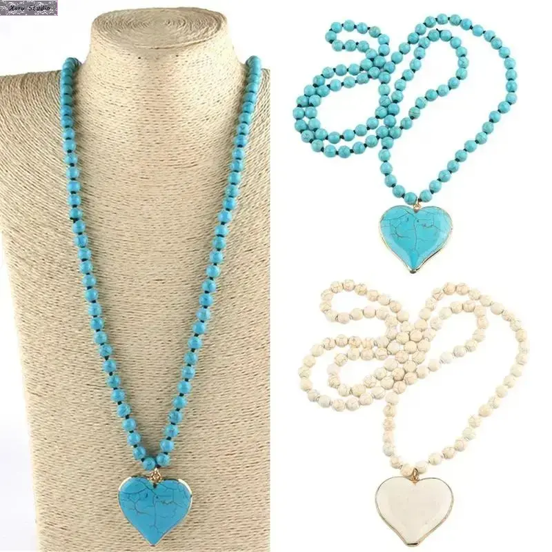 Women Boho Turquoise Heart Necklace Layered Beaded Chain Vintage Gemstone Pendant Jewelry – Coastal Cowgirl Style Fashion Necklace, Summer Beach Vacation, Festival Outfit & Everyday Wear Accessory