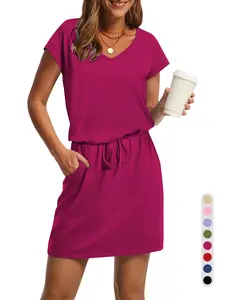 Summer Solid V-Neck T-Shirt Dress: Relaxed Fit with Pockets | Effortless Chic Urban Loungewear for Travel, Home & Quick Outings
