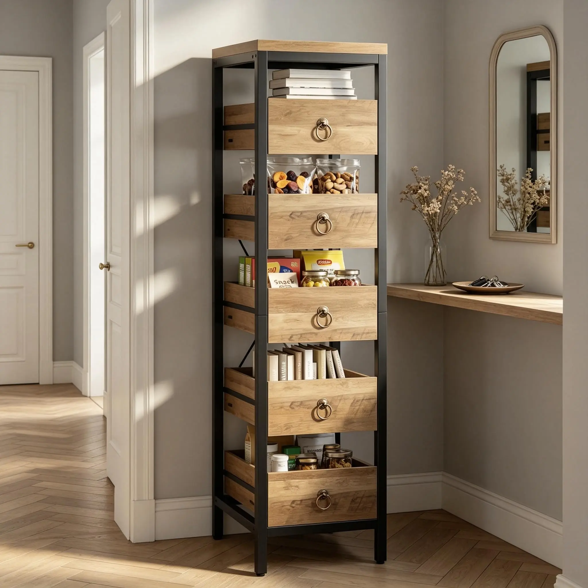 5-Tier Narrow Wood Kitchen Storage Rack, Multi-Use Utility Organizer for Fruits & Vegetables, Suitable for Kitchen, Living Room - Rustic Brown or Walnut Finish