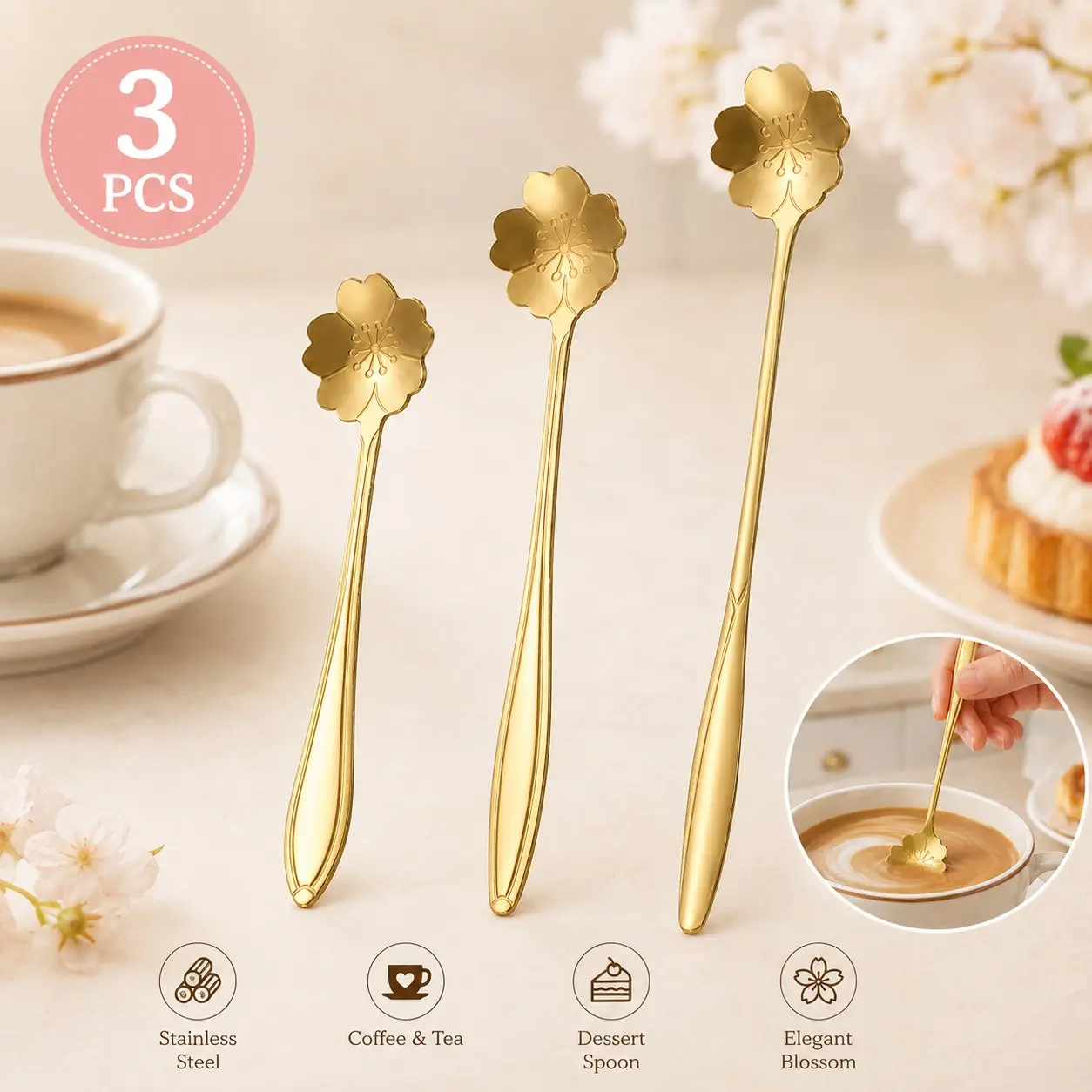 Sakura 3-Piece Gold Stainless Steel Long-Handled Flower-Shaped Teaspoons, Spoons Set, 5/6/7-inch Stainless Steel Stirring Spoons and Ice Cream Scoops, Suitable for home, workplace, and bar use. Ideal for coffee stirring, cocktails