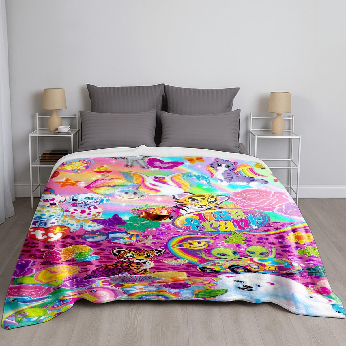 Lisa Frank Collage Themed Blanket, Vibrant & Playful Style, Features Colorful Characters, Soft and Warm, Perfect for Home Relaxation, Flannel Blankets