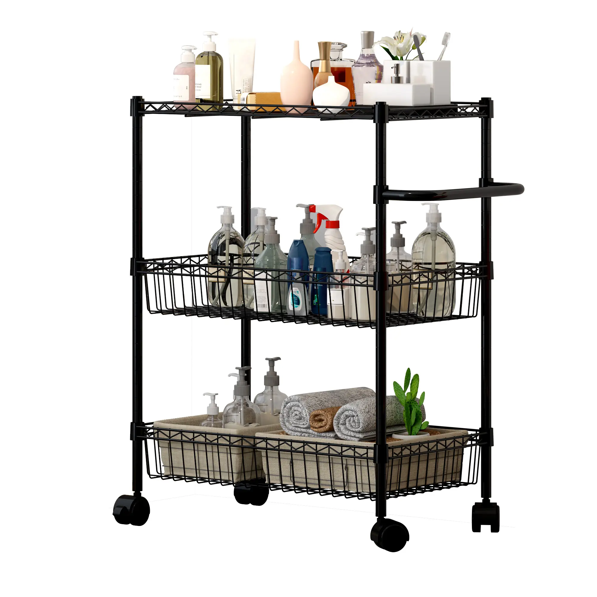 Heavy Duty 3-Tier Rolling Kitchen Storage Rack - Adjustable Wire Shelves & Handle - 600lbs Capacity Metal Utility Trolley - Smooth Wheels for Restaurant, Home, Office, Pantry - Chrome/Silver