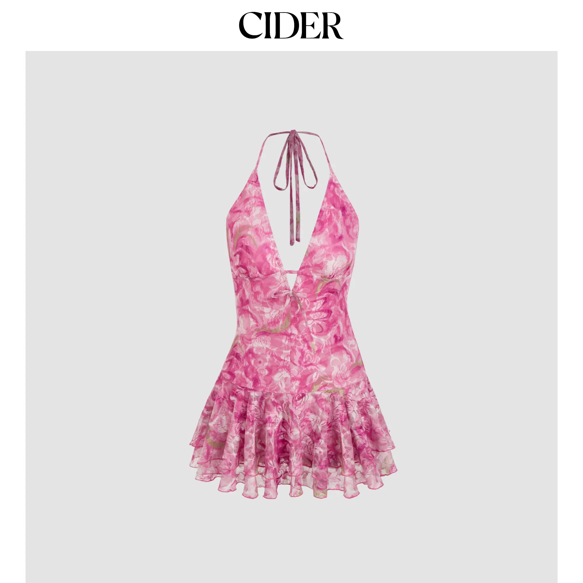 Cider Lace Halter Neckline Floral Layered Mini Dress SummerFinds SohoChic