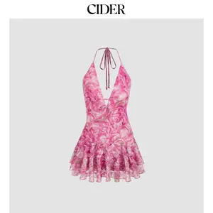 Cider Lace Halter Neckline Floral Layered Mini Dress Dealsforyou