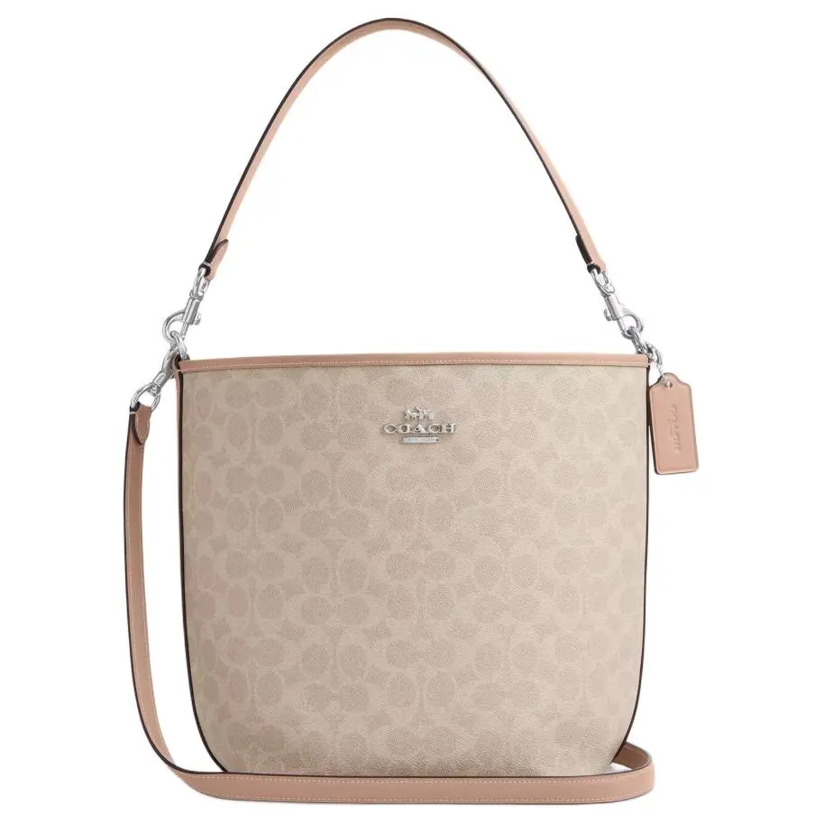 Coach City Bucket 34 Handbag for Women – Detachable Strap, Snap Closure, Coated Canvas and Leather, Large, Sand and Tan