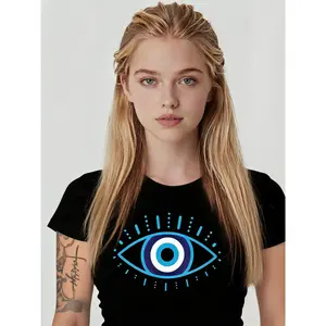 Greek Evil Eye Graphic T-Shirt by Elegant Piece Stylish Black Protection with Blue Eye Design Soft and Breathable for Everyday Use Machine Washable Workout T-Shirt Woven Textured Evil Eye Design Cotton Fabric Summer Top Womenswear Clothes