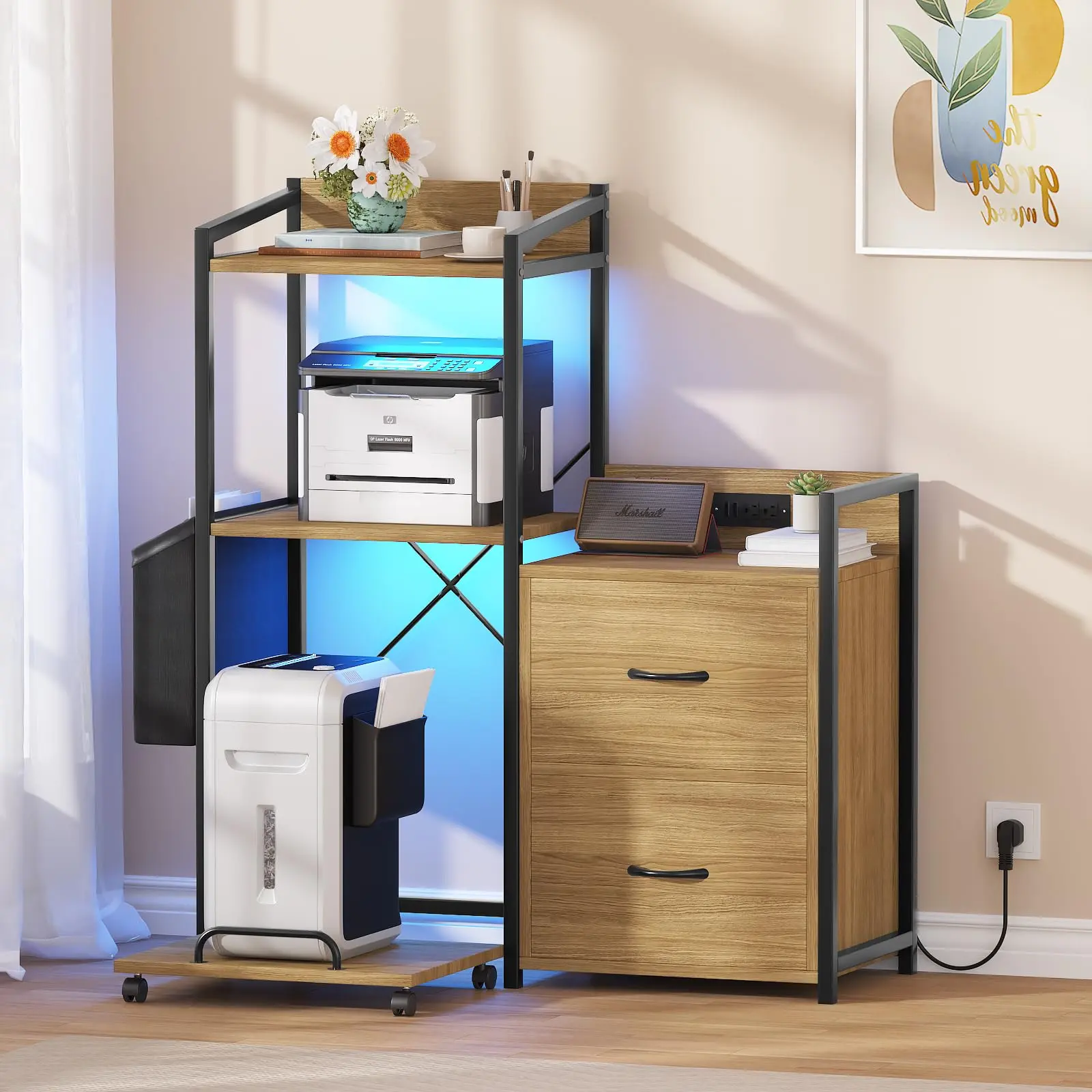 38” Industrial File Cabinet with LED Lights & Charging Station – Large 3-Tier Printer Cabinet with Drawers, Storage Shelves for Office, Fax Machine, Shredder & PC Tower