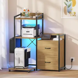 38” Industrial File Cabinet with LED Lights & Charging Station – Large 3-Tier Printer Cabinet with Drawers, Storage Shelves for Office, Fax Machine, Shredder & PC Tower