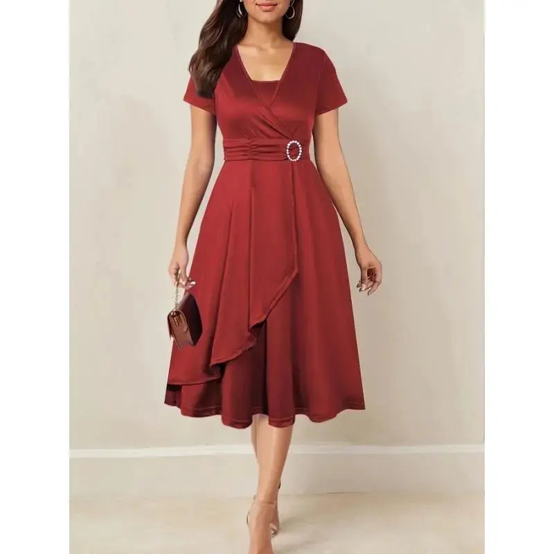 Elegant Maroon Midi Dress with Rhinestone Detail - Short Sleeve, V-Neck, Asymmetrical Hem, Solid Color, Polyester Blend, Machine Washable, Chic Crossed Waist Midi DressHigh comfort  Fashion Suitable Popular Elegant Casual Womenswear