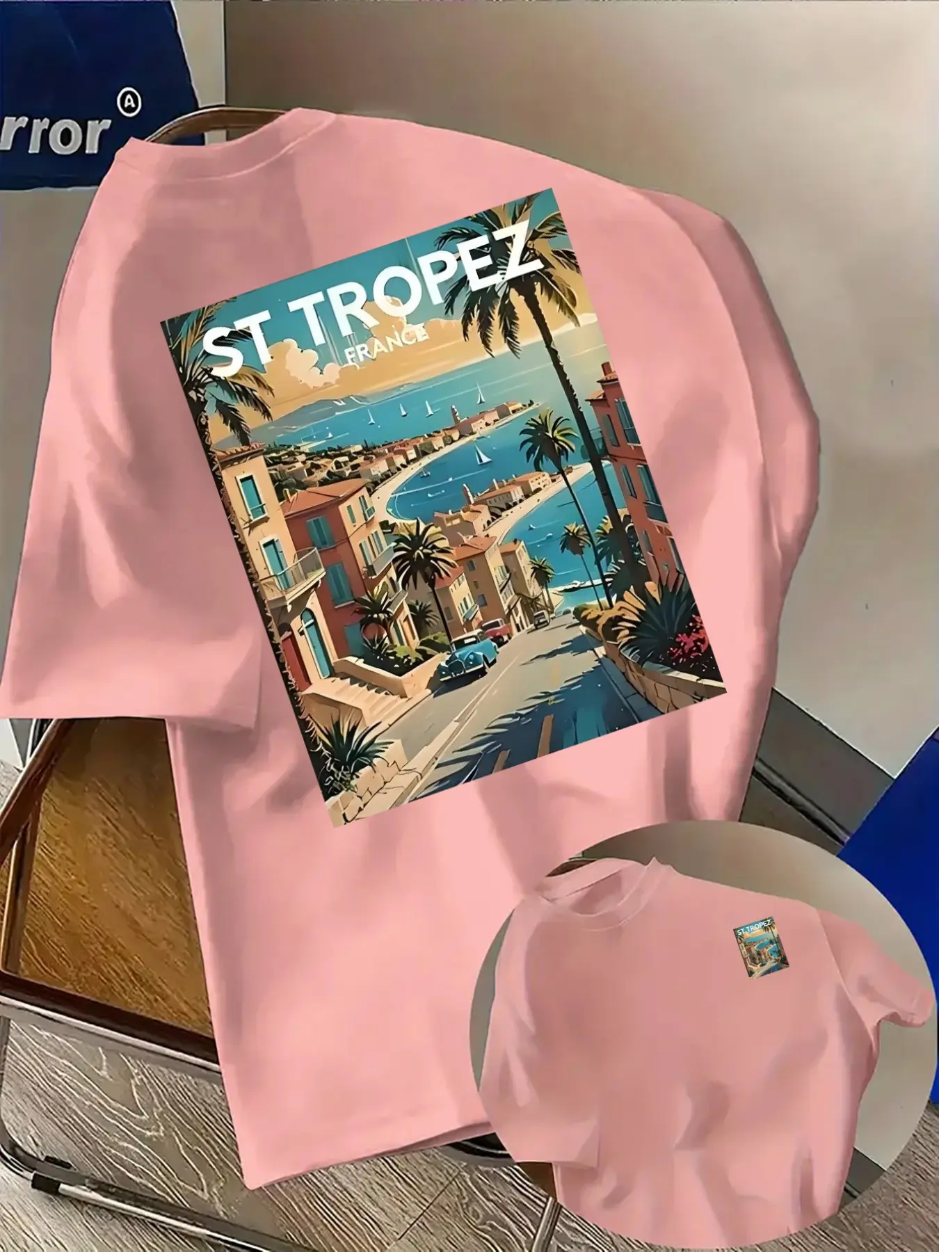 Men's Casual French St Tropez Pattern T-Shirt Tops, Trendy Double-Sided Print, Lightweight Elastic, Regular Fit, All-Season Essential