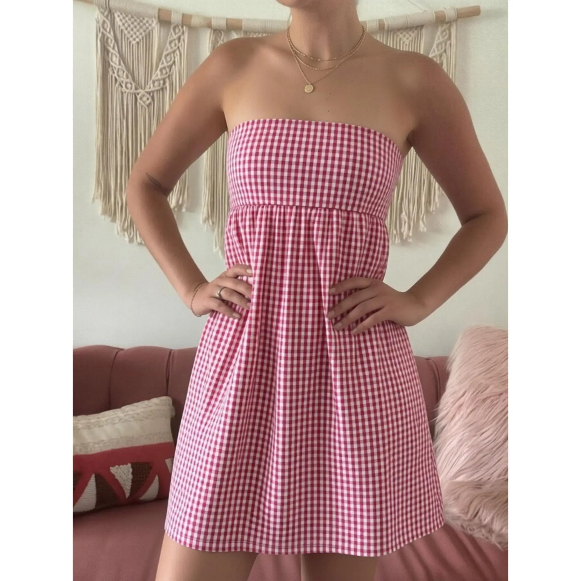 y2k Bandeau Dress Summer Women Off Shoulder Strapless Plaid Tube Top Mini Dress with Pockets