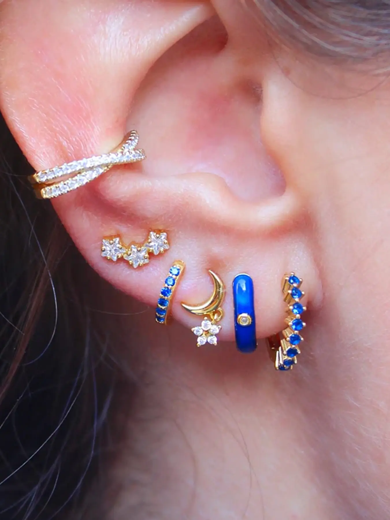 6Pcs Exquisite 24K Gold Plated Cubic Zirconia Star Stud Earrings Set For Women Blue Zircon Enamel Hoop Earrings Pack Flower Drop Dangle Earrings Stack Gold Plated Cz