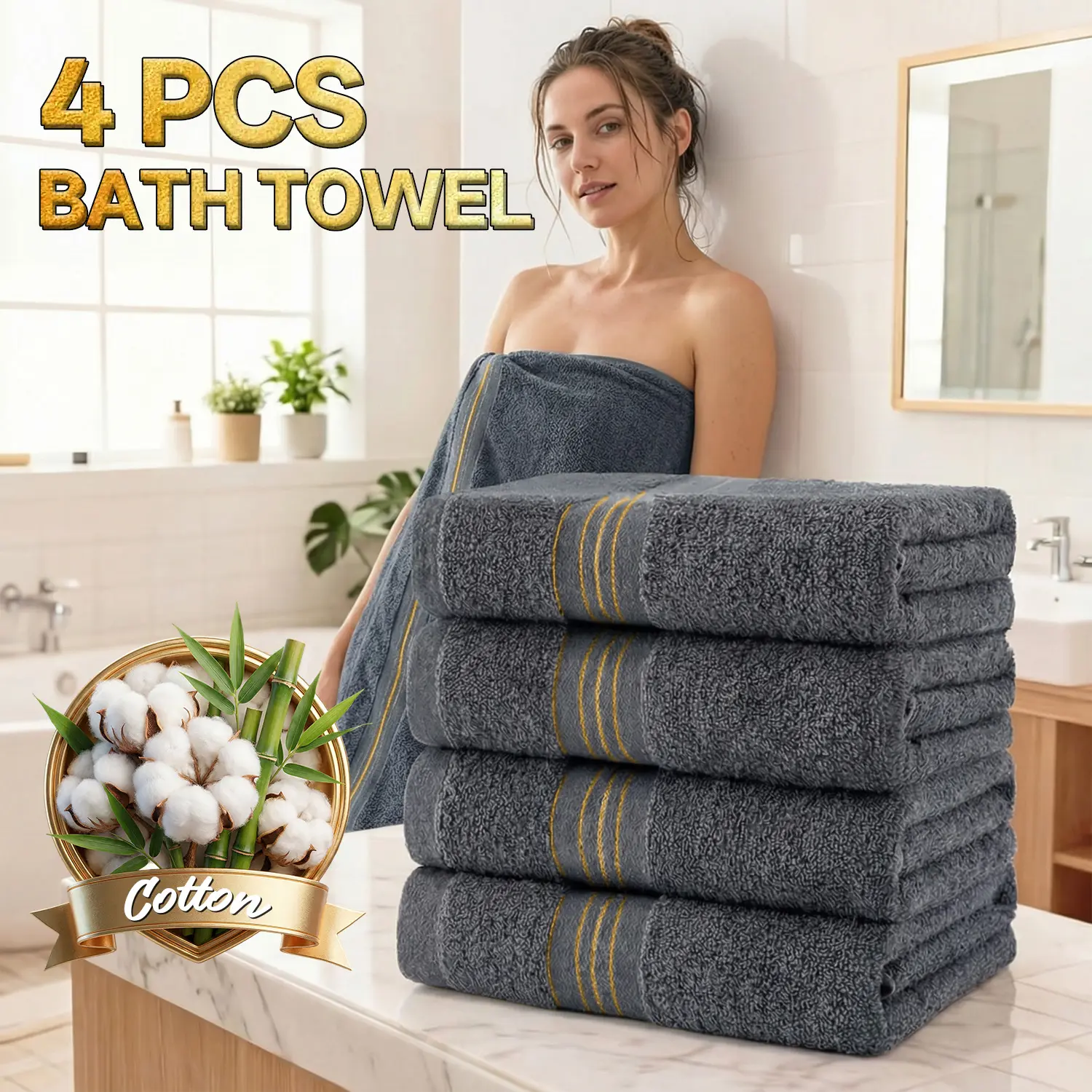 Cotton & Bamboo Blend 4 PCS Bath Towels Set - Cotton Soft & Bamboo Breathable Luxury Bath Towel Set, 390 GSM Turkish Bath Towels for Bathroom, Larger & Lighter Weight, Quicker to Dry, Super Soft and Absorbent, Perfect for Bathroom - 70X140cm
