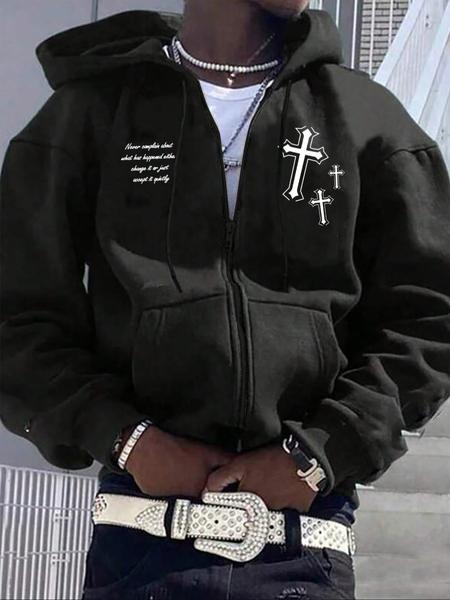 Men's Fleece Lined Zipper Hoodie Jacket, Winter Warm Sports Sweatshirt, Letter & Cross Print Long Sleeve Hooded Top for Outdoor Wear