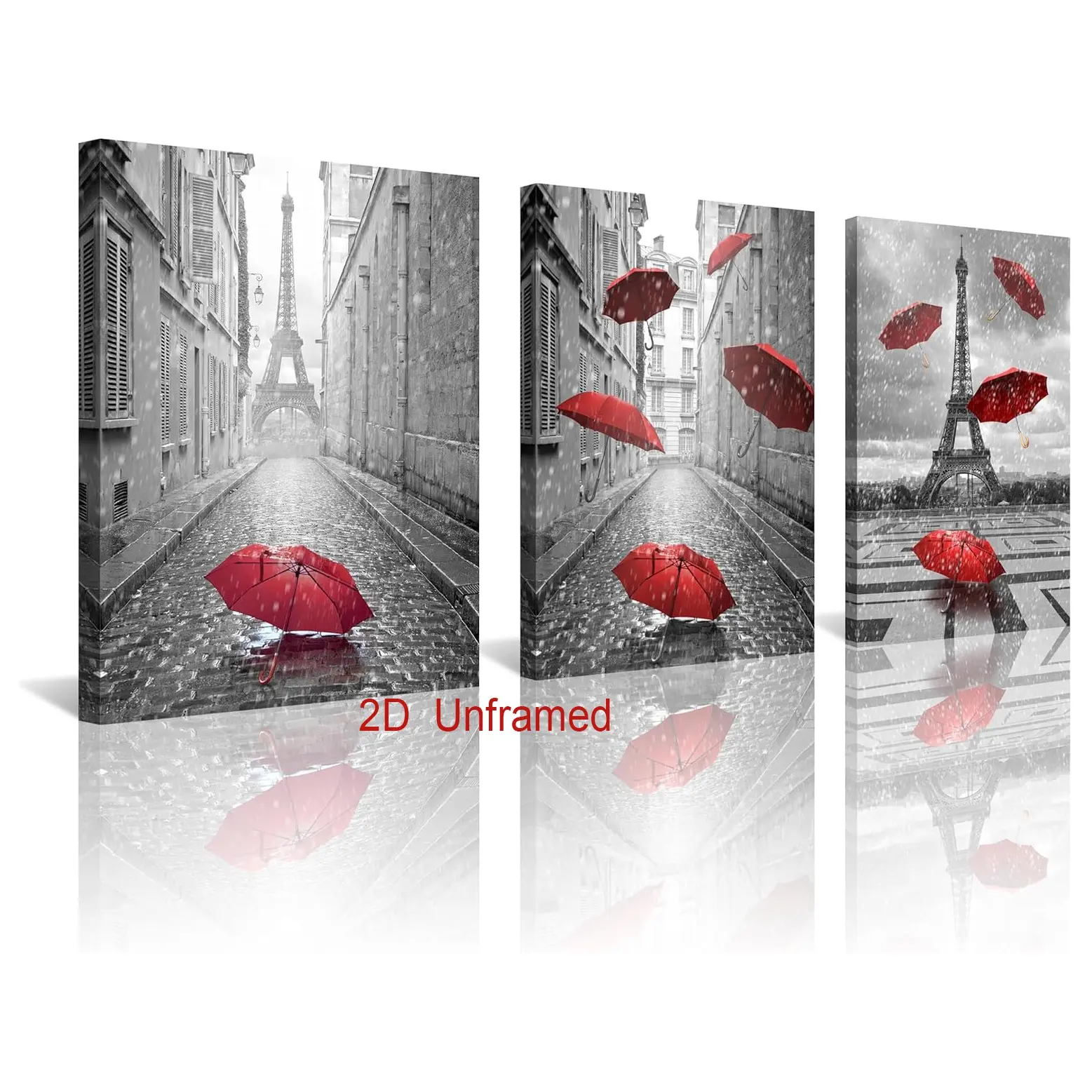 3-piece set   Frameless   Modern, high-precision art giclée canvas print: Paris in Black and White—the Eiffel Tower and Fluttering Red Umbrellas   Wall mural   Landscape wall art   Home decor