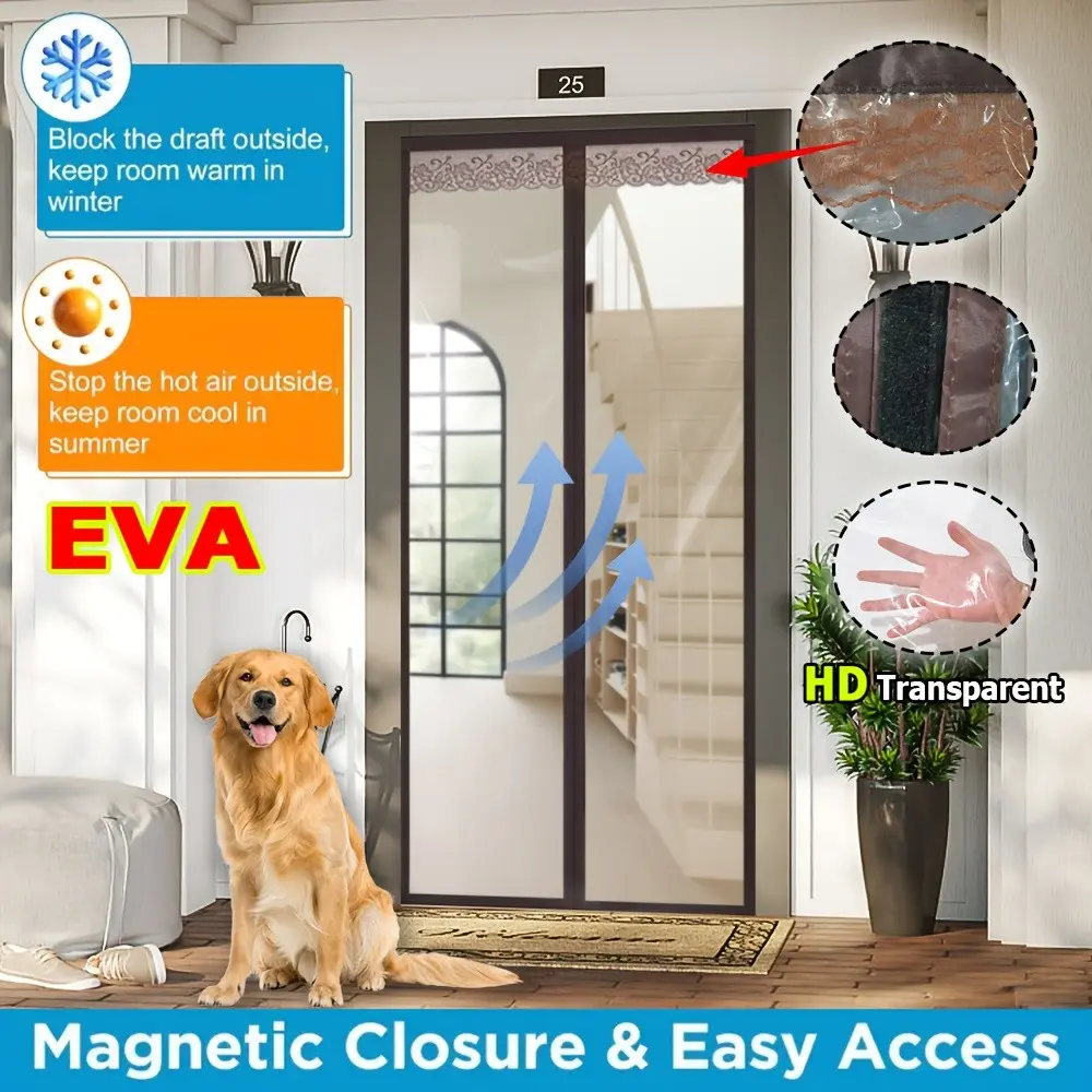 HD Transparent Eva Magnetic Door Curtain, Lace Top Punch-Free, Self-Sealing Thermal Insulation, Windproof, Pet Friendly, Home Entrance