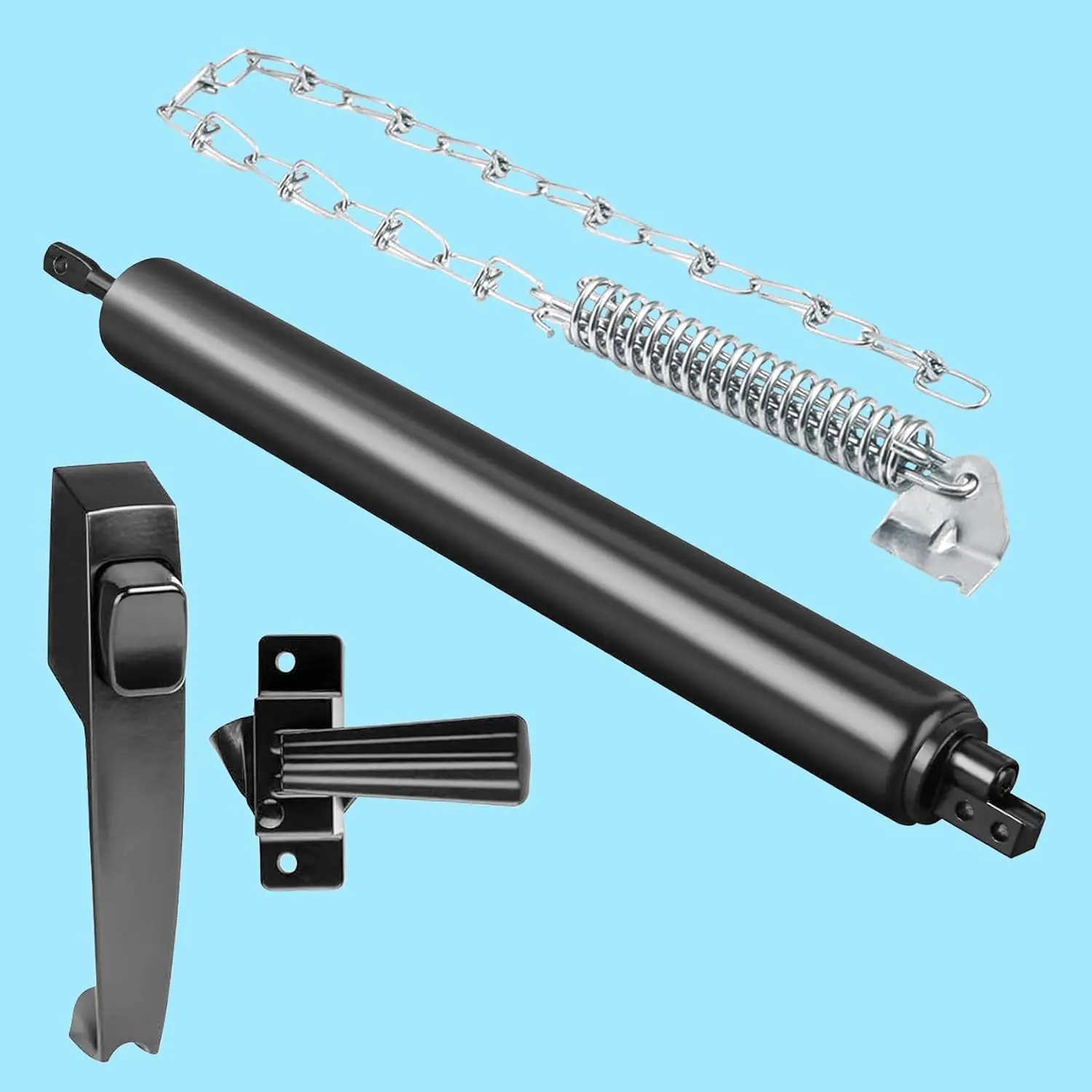 Pneumatic Door Closer Kit for Screen and Storm Doors, Includes Push Button Latch and Protector Chain Spring (Black -in-, 1 Set)