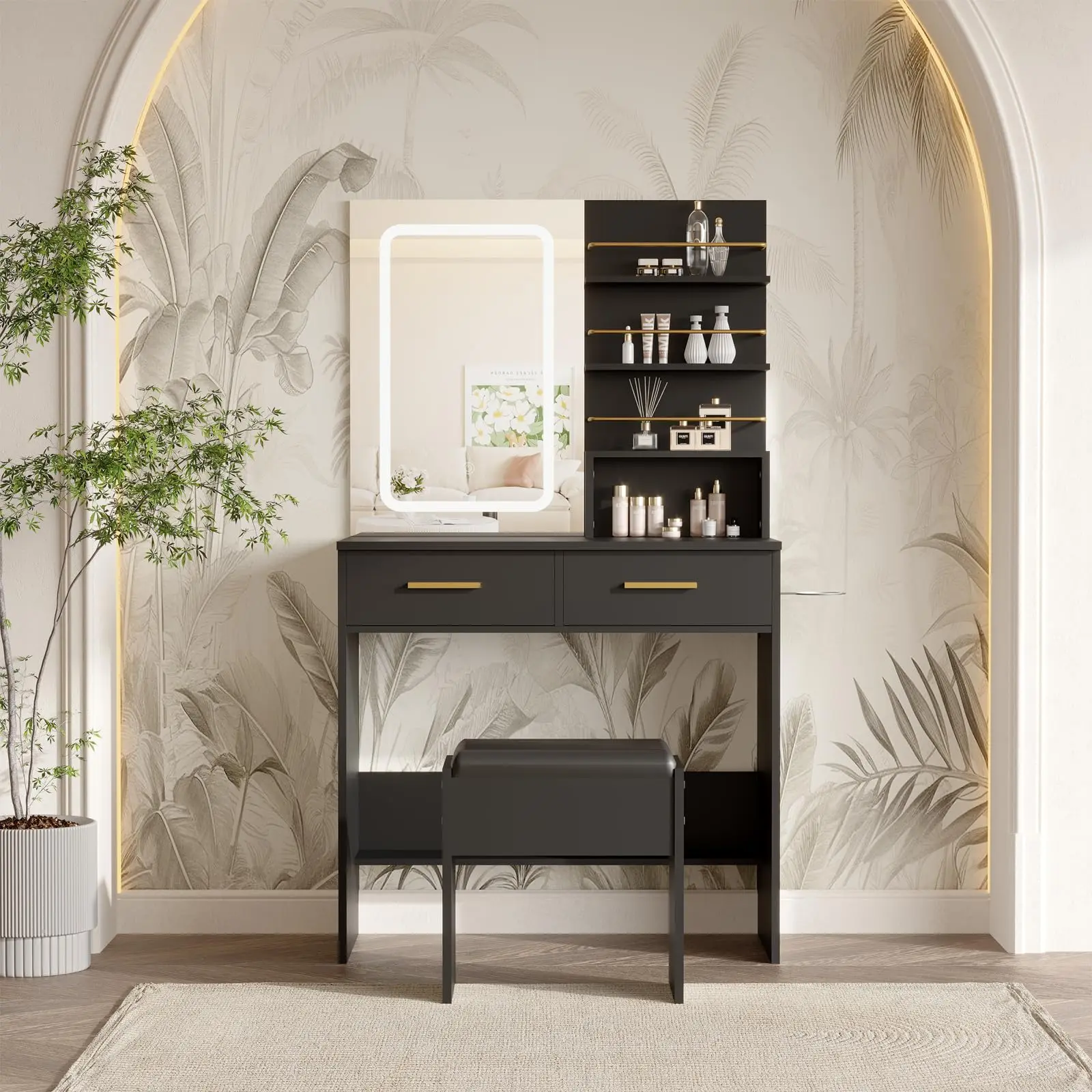 Black Vanity Desk with Lighted Mirror, 3 Color LED Lighting, 2 Drawers, 4 Open Shelves, Cushioned Stool, MDF