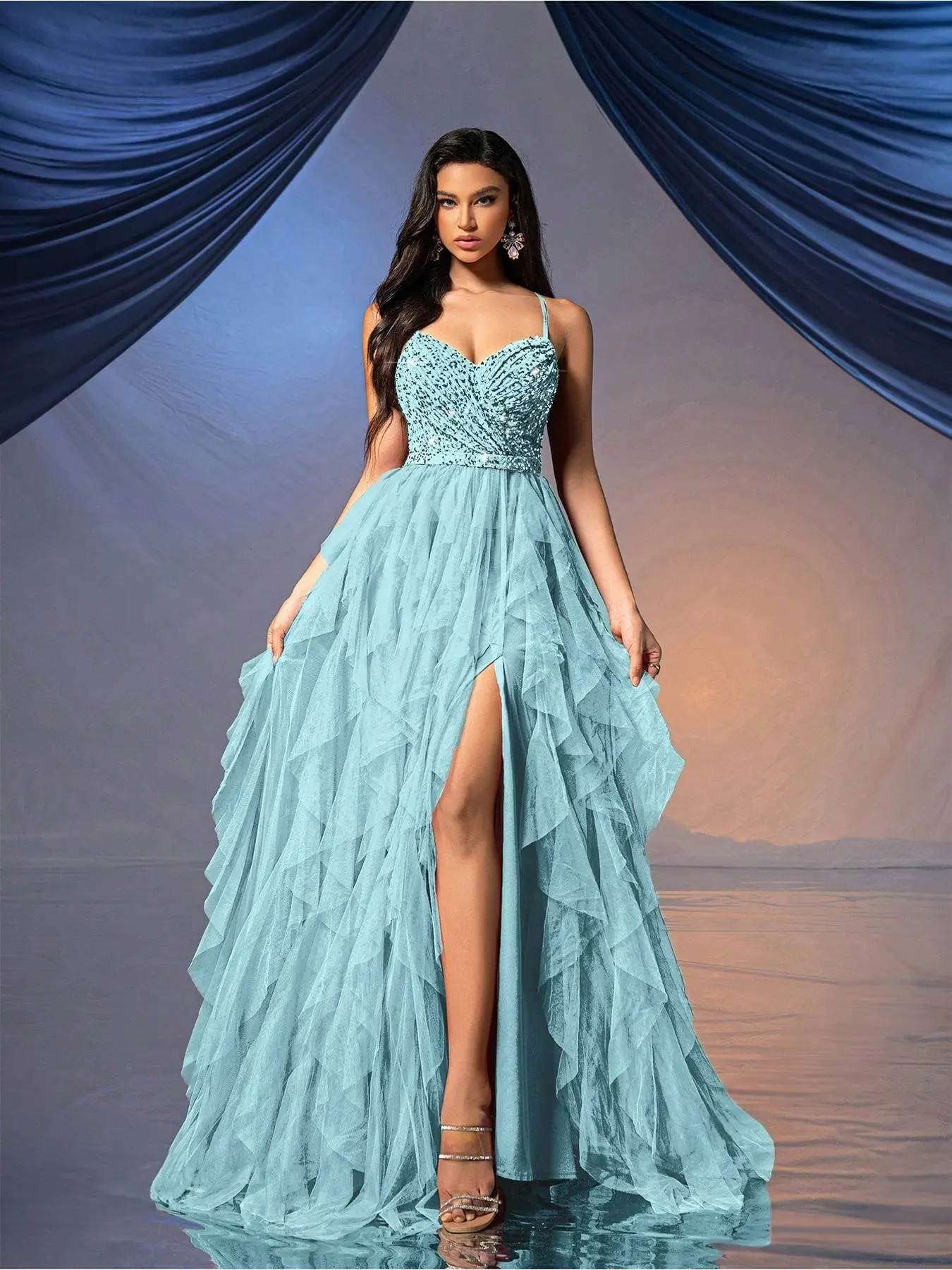 Fairy Style Women Formal Dress Romantic Evening Gown For Wedding Events, Cocktail Party, Charity Balls Pure Color Backless Sequined Mesh Dress Ballgown