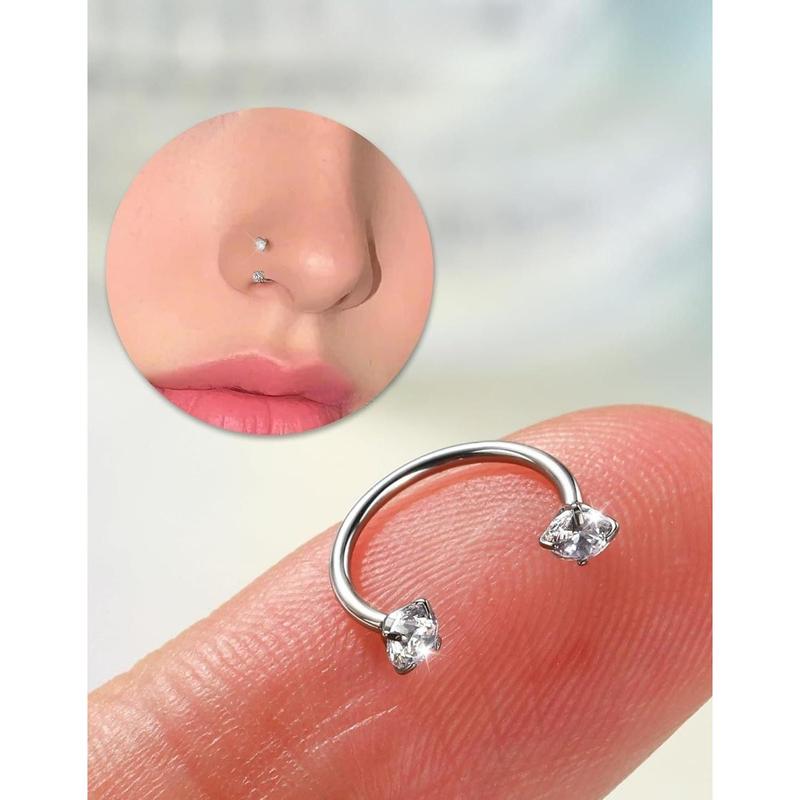 Horseshoe Nose Rings Studs, 20G Internally Threaded Nose Rings For Women, 316L Surgical Steel Double Cubic Zirconia Nose Studs, Lip Eyebrow Helix Ear Piercing Jewelry