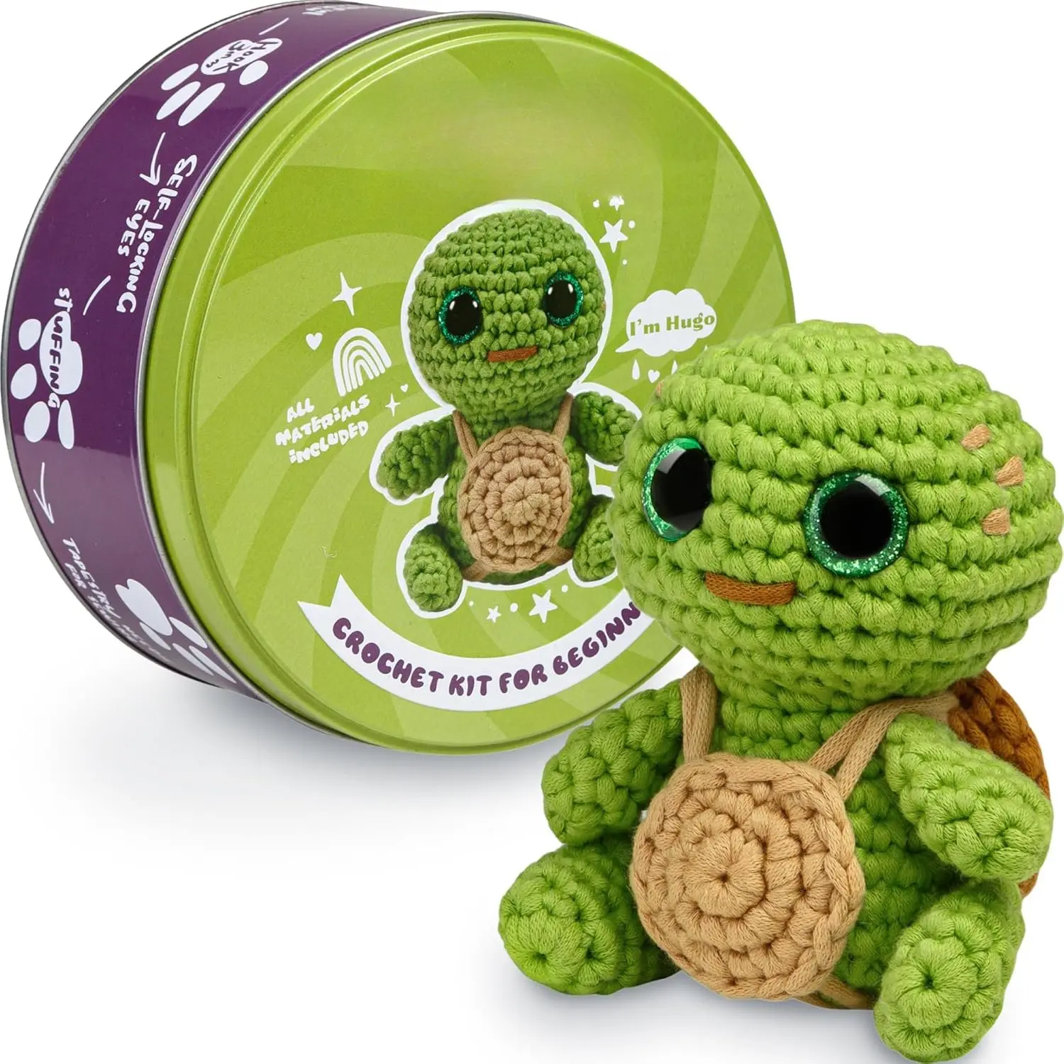 Crochet Kit for Beginners -  Set to Make Turtle  Amigurumi Plushie - Easy DIY Crochet & Knitting Starter Kit with Video and PDF Tutorials