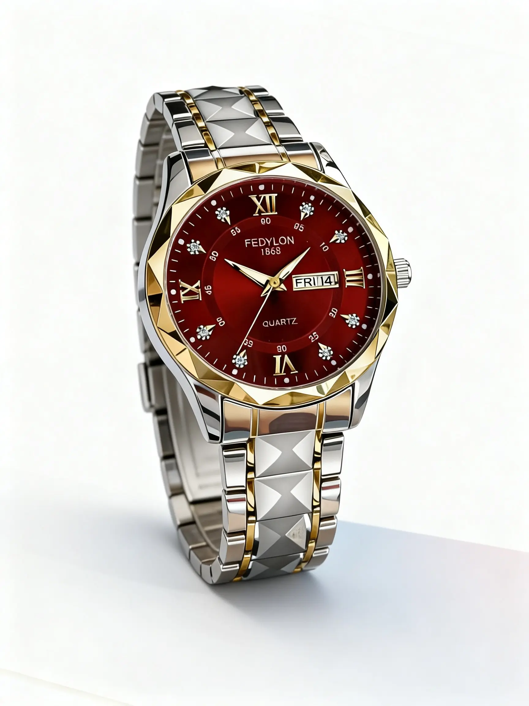 High-Quality Quartz Watch, Fashion Wristwatch, Fashionable Watches, Dial Dual Calendar Function, Rhinestone Hour Markers, Round Face, Hardlex Glass, Alloy Case, All Seasons