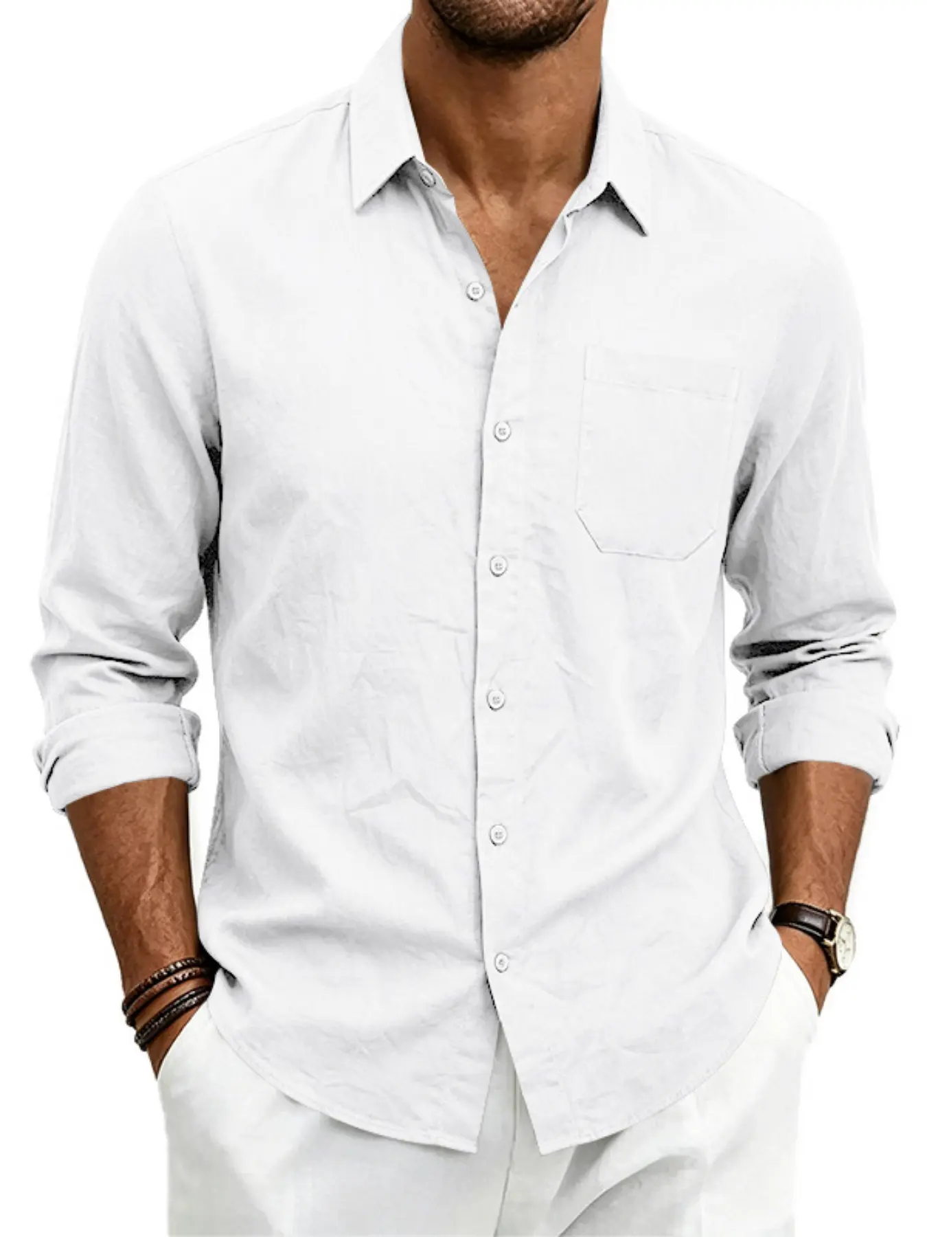 Men's Casual Loose Hemp Lapel Pocket Button Shirt, Solid Color Rollable Long Sleeve Business Shirt, Vacation Style Men's Clothing