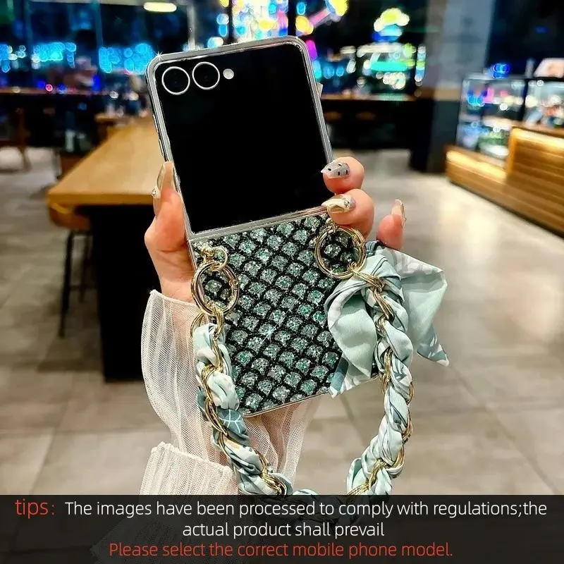 Glitter Diamond Electroplate Fish Scale Texture Phone Case For Samsung Galaxy Z Flip 7 6 5 4 3 Protective Cover with Bracelet Accessories Casing