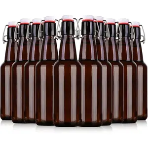 16.5oz Amber Swing Top Glass Bottles for Airtight Lids, Home Brewing and Fermentation Kombucha, Vanilla Extract, Beverage, Water, Kefir (10 Pack)