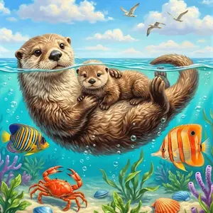Otter Mother and Baby Diamond Painting Kit Crafts, Ocean Themed DIY Handcraft Set with Complete Tools, Perfect for Adults and Kids to Create Stunning Wall Art, Ideal for Living Room Bedroom Entryway Home Decor Cross Stitch Gift