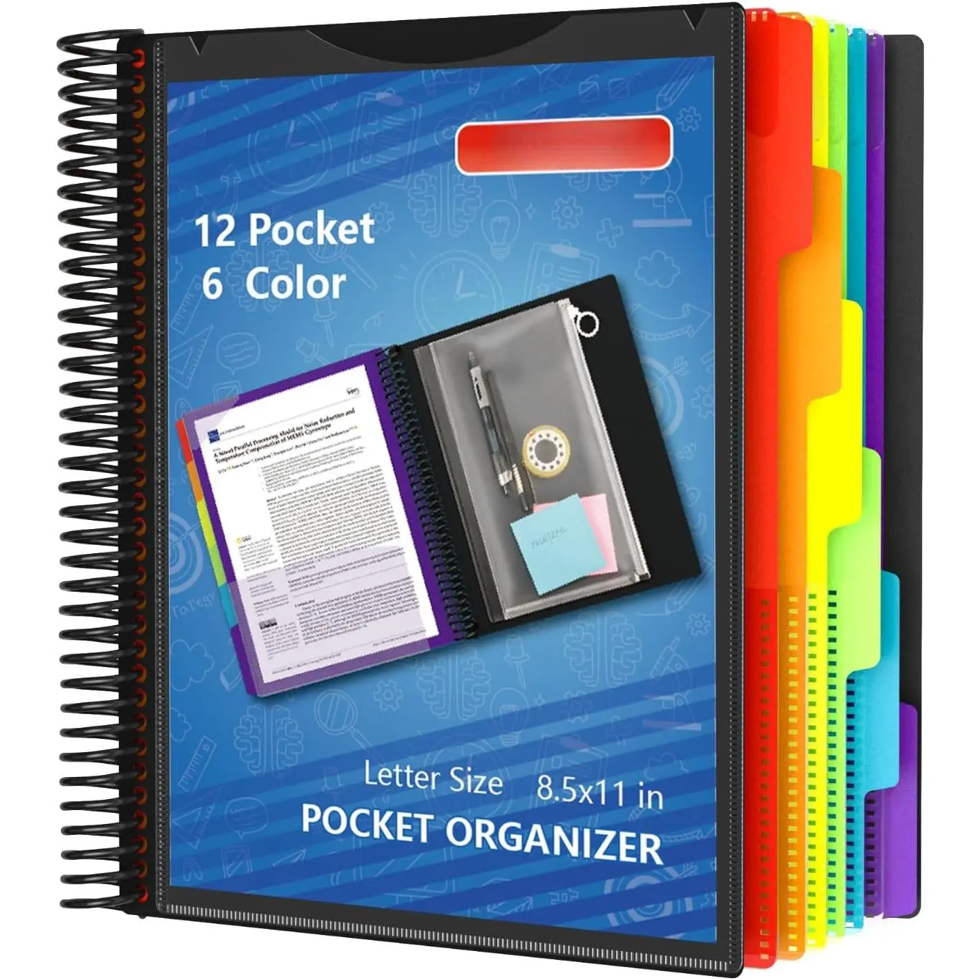 12 Pocket Project Organizer, 6 Color Letter Size Spiral Multi Pocket Folder | Organizer, 1/6-cut Tab, Poly File Organizer, Binder with Dividers, Multi-Subject Binder, Notebook, School, Office Supplies