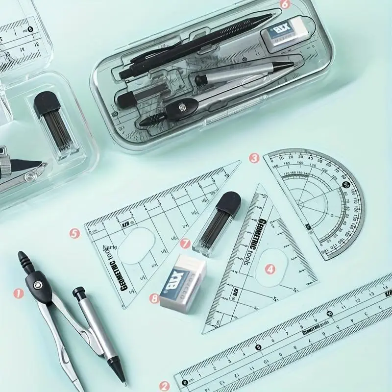 8pcs Compass Ruler Set with Storage Box, School Supplies for Elementary and Middle School Students, Exam Essential Tools, Measuring Instrument