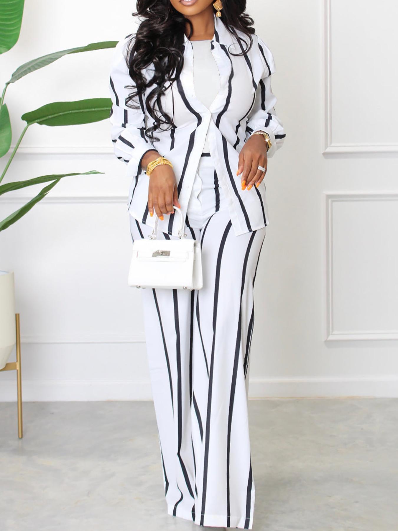 Women's Striped Print Button Front Shirt & Wide Leg Pants, Chic Elegant Casual Fitted Long Sleeve Collared Shirt & Trousers Set for Fall, Ladies Formal Clothes for Work Office Daily Wear, Two Piece Set Women, Casual Summer Set, Suits, Casual Fashion Set