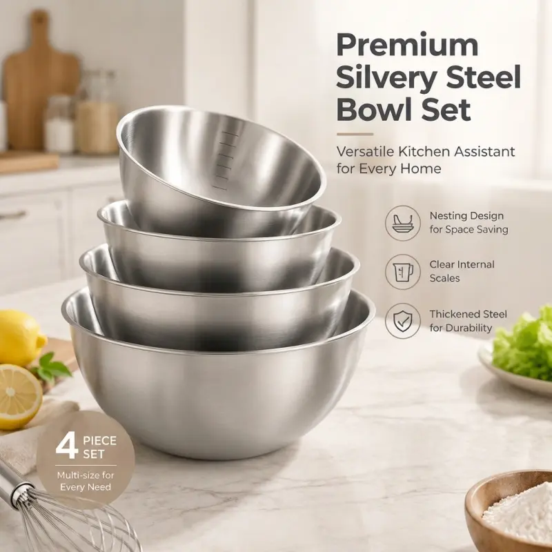 4-Piece Premium Stainless Steel Mixing Bowl Set for Home - Nesting Bowls with Internal Scales, Thickened Steel Construction for Space-Saving Storage & Versatile Kitchen Prep