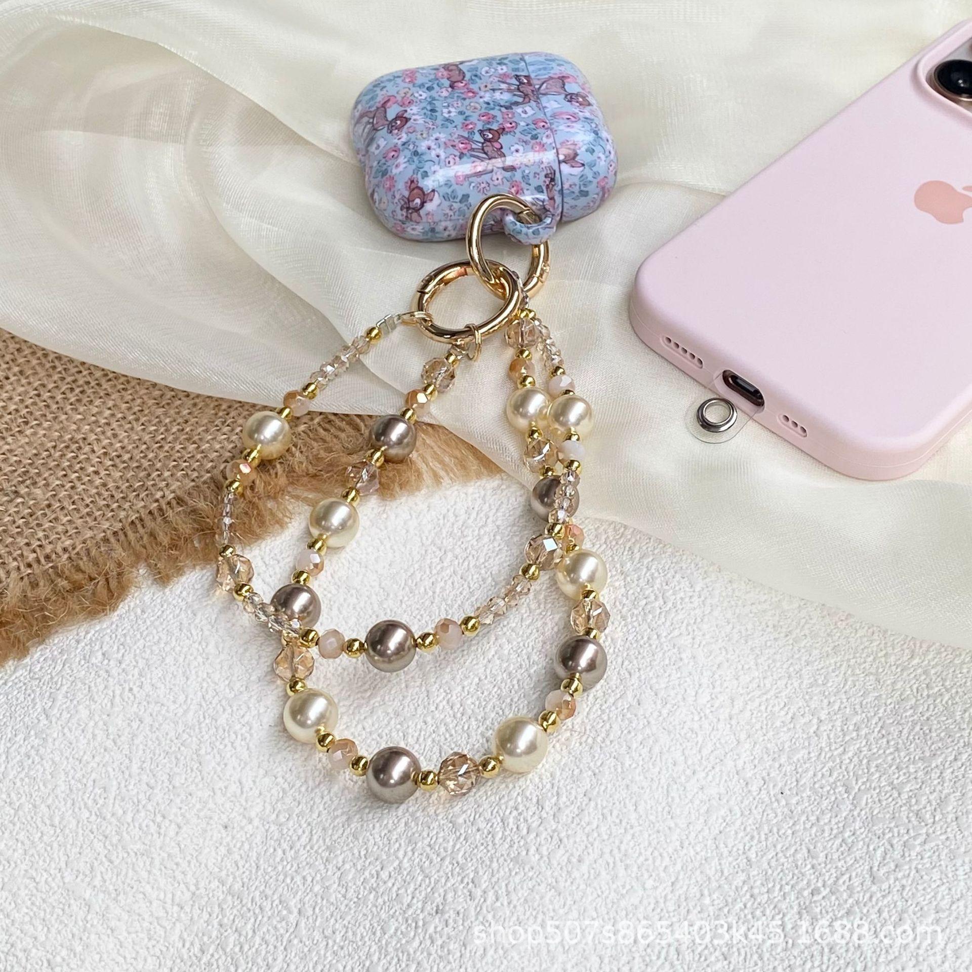 Amber gold foil bead crystal double-chain phone strap, high-end anti-loss pendant chain, luxurious style keychain phone strap