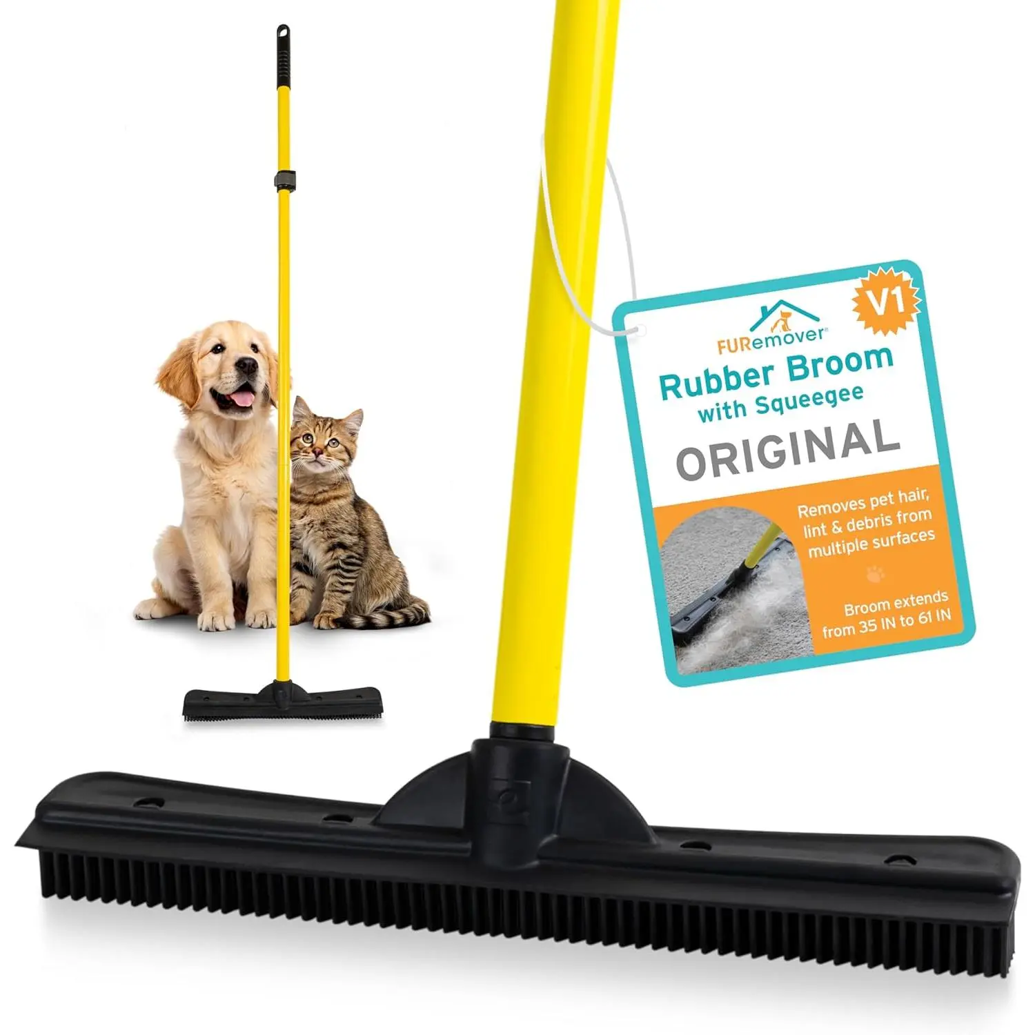 Pet Hair Removal Rubber Broom, 61" Telescopic Handle| Multi-Surface Rubber Broom with Built in Squeegee Edge, Sweeps up Fur, Hair, and Debris on Tile, Wood, Vinyl, and Carpet