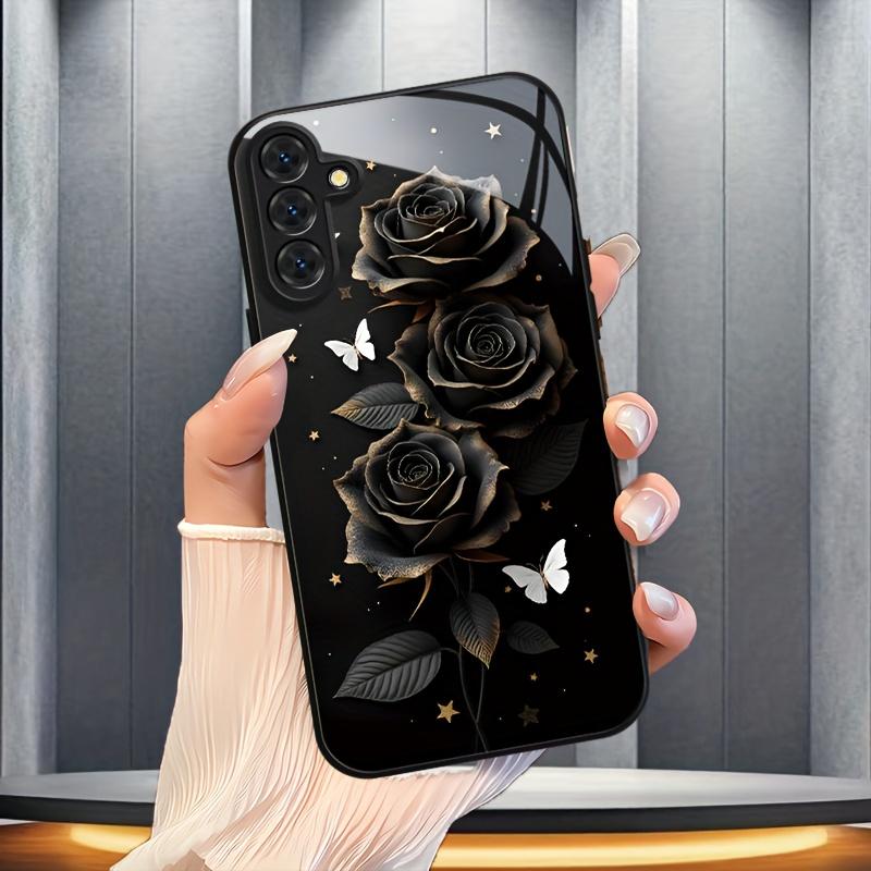 Black Rose White butterfly Glass PhoneCase suitable for Samsung Galaxy S26 S25 S24 S23 S22Pro S21 S20 Fe Plus Ultra Pro A56 A55 A54 A53 A52 A51 A36 A35 A34 A32 A26 A25 A24 A23 A16 A15 A14 A06 A05 A03s