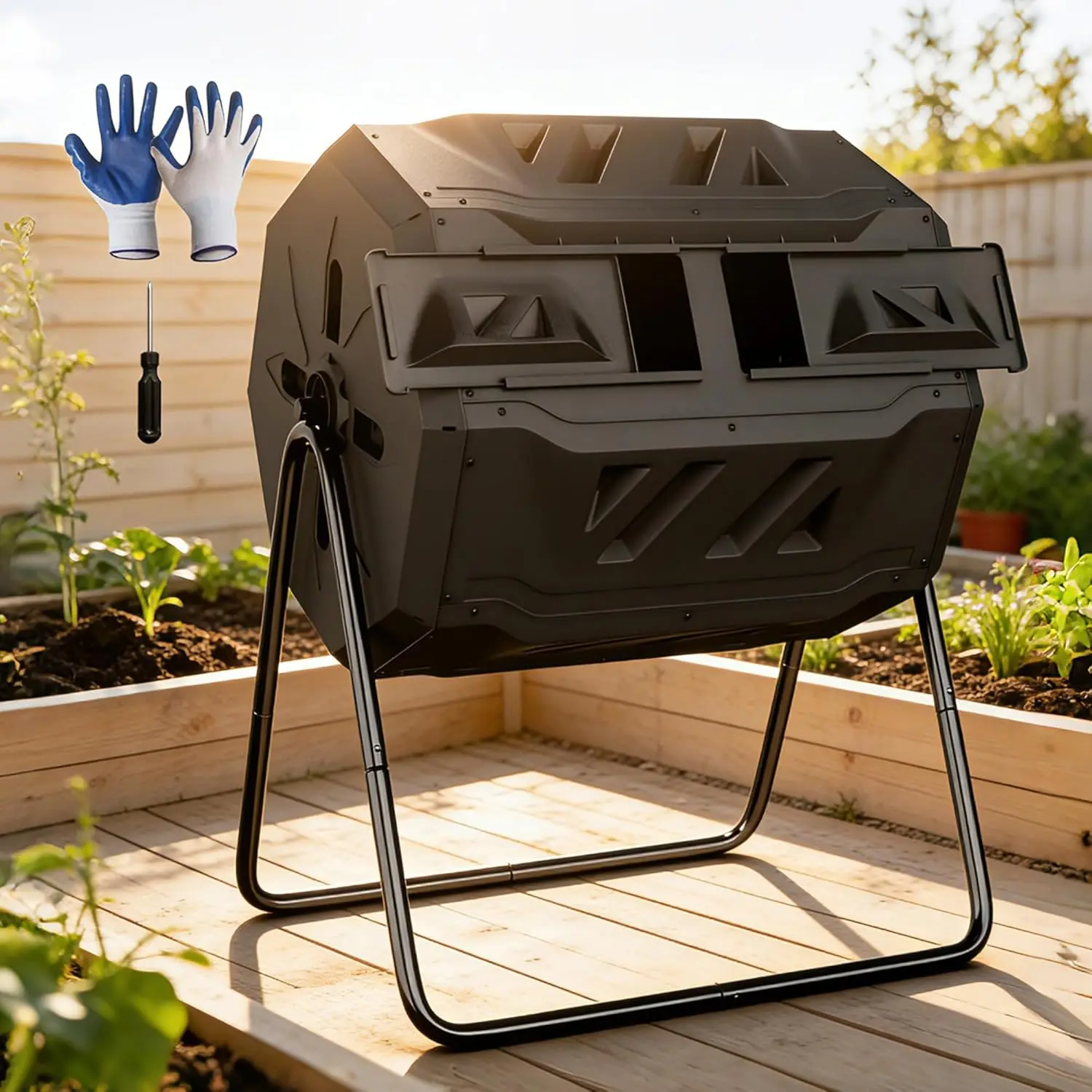 Compost Bin Outdoor 43 Gallon Garden Dual Chamber Composter Bin - Bundled with Pearson's Gardening Gloves, BPA Free, Heavy-Duty Steel Frame, Rotating Tumbler with Sliding Doors -Black