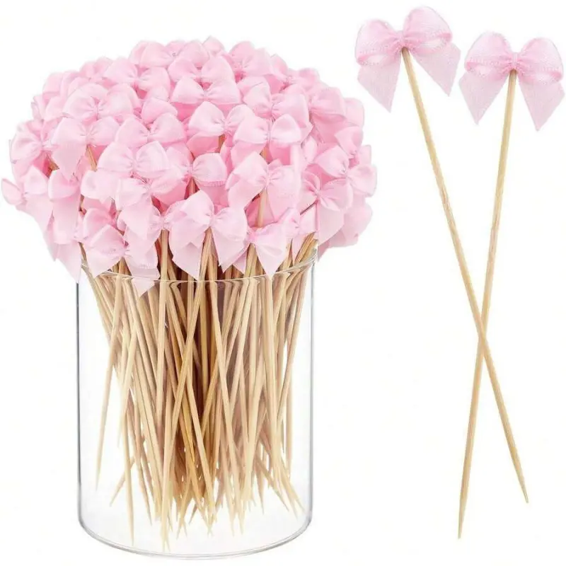 Coquette Pink Bow Bamboo Picks, Cocktail Drink Topper Sticks, Drink Accessories, Wedding Baby Shower Bridal Shower Decor, Birthday Valentine Graduation Party Table Supplies, Girly Dessert Garnish Picks