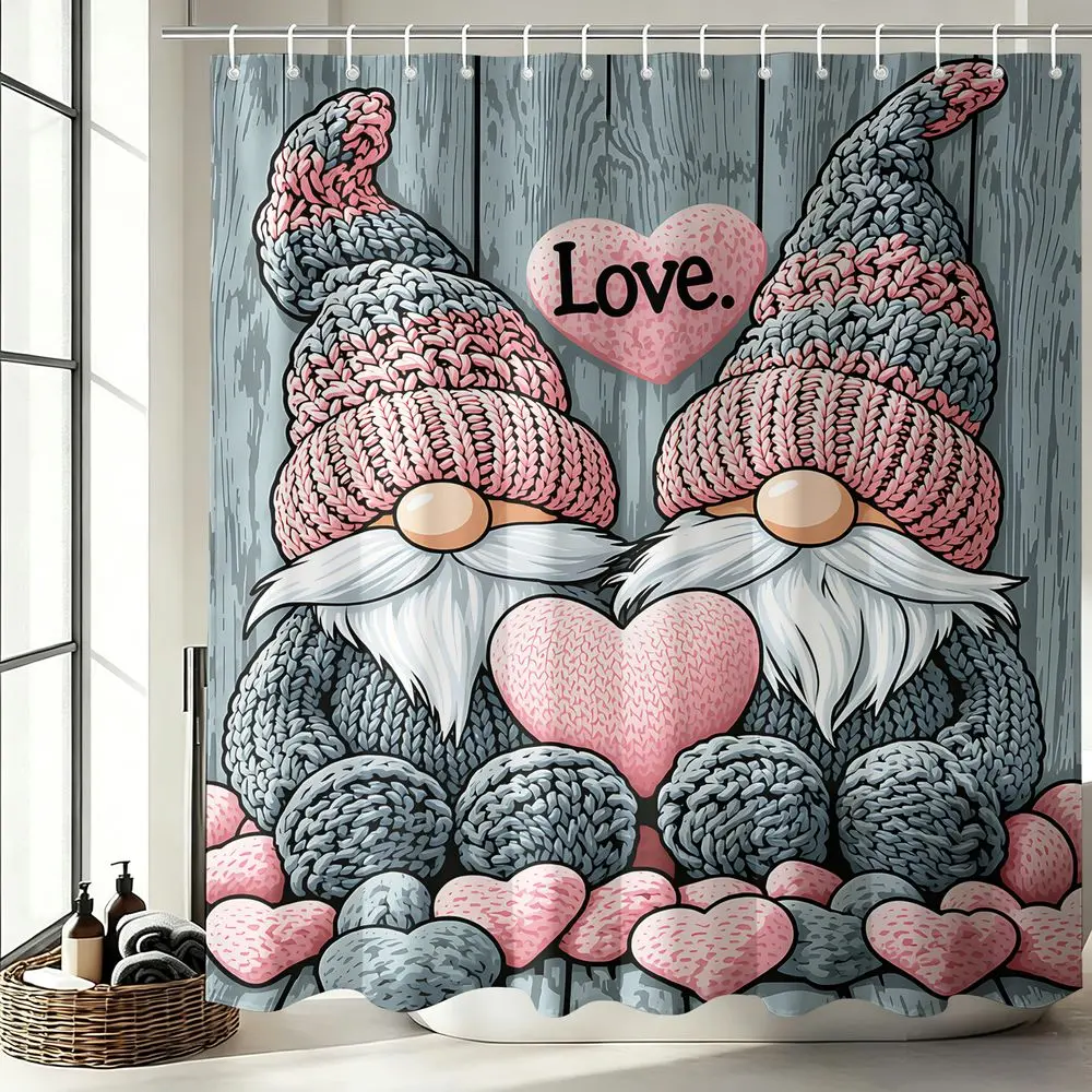 1Pcs Cute Love Gnome Shower Curtain, Romantic Valentine's Day Bathroom Decor Set, Waterproof Cloth Fabric Bathtub Privacy Curtain for Couples Home Decor with 12 Hooks