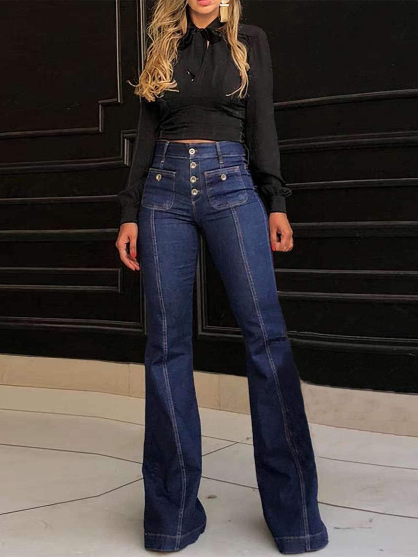 Women's Plain Flare Leg Jeans with Button & Pockets , Casual Bell Bottom Trousers for Daily Wear, Ladies Bottoms for All Seasons