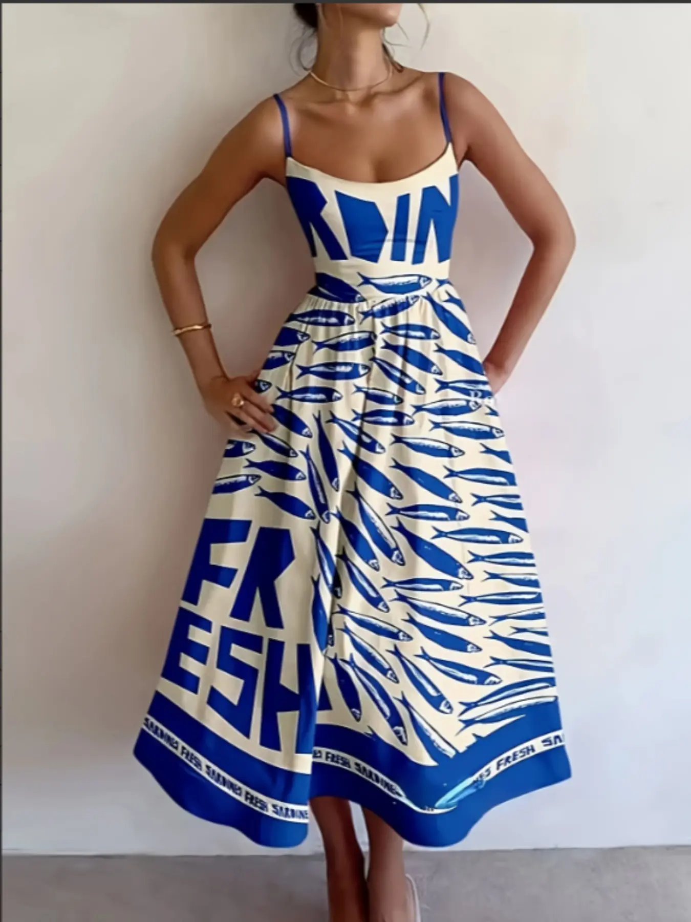 Blue Fish Pattern Letter Print Halter Dress, Summer Waist Cinch Slim Fit Midi Skirt, Vacation Style Elegant Dress for Women