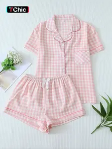 Two-Piece Set Women's Plaid Print Aesthetic Pajama Set, Short Sleeve Lapel Neck Button Front Shirt & Bow Decor Shorts PJ Set, Women's Fitted Sleepwear & Loungewear, Homewear for All Seasons, Style