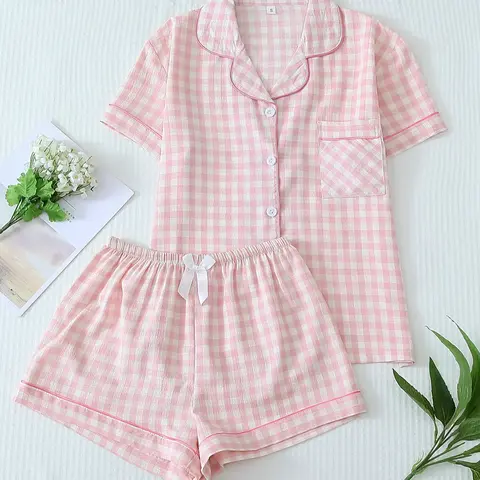 Two-Piece Set Women's Plaid Print Aesthetic Pajama Set, Short Sleeve Lapel Neck Button Front Shirt & Bow Decor Shorts PJ Set, Women's Fitted Sleepwear & Loungewear, Homewear for All Seasons, Style, Sets Pajama