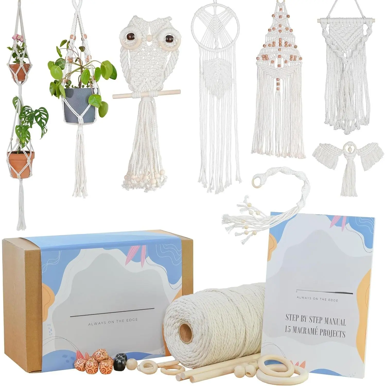 Macrame Kit for Beginners 153 count, 15 Projects Book, 164yd  Macrame Cord, Wooden Beads & Sticks, Wooden & Metal Rings,  Box, Book & Accessories,  Macrame Starter Kit
