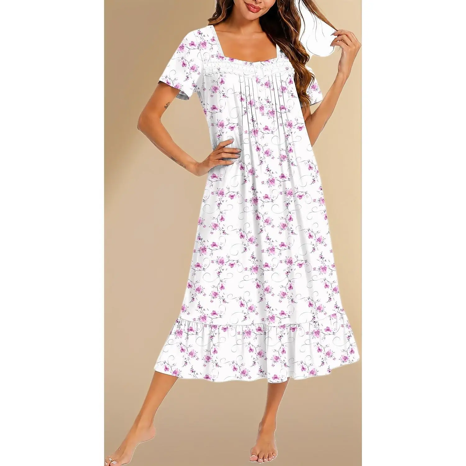 Female Vintage Cotton Short-Sleeve Nightgown, Lace-Trim Button House Dress, Plus-Size Elegant Sleepwear Pajama Dress