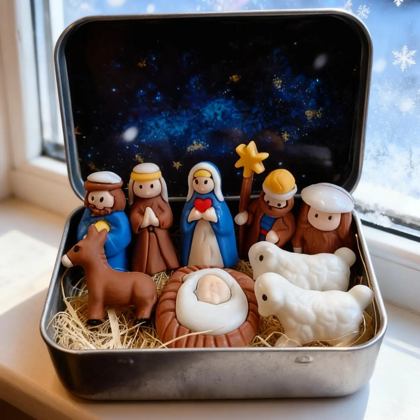 Mini tin box set containing a complete Christmas manor scene, including figures and animals, with a starry background，for Halloween and Christmas gifts