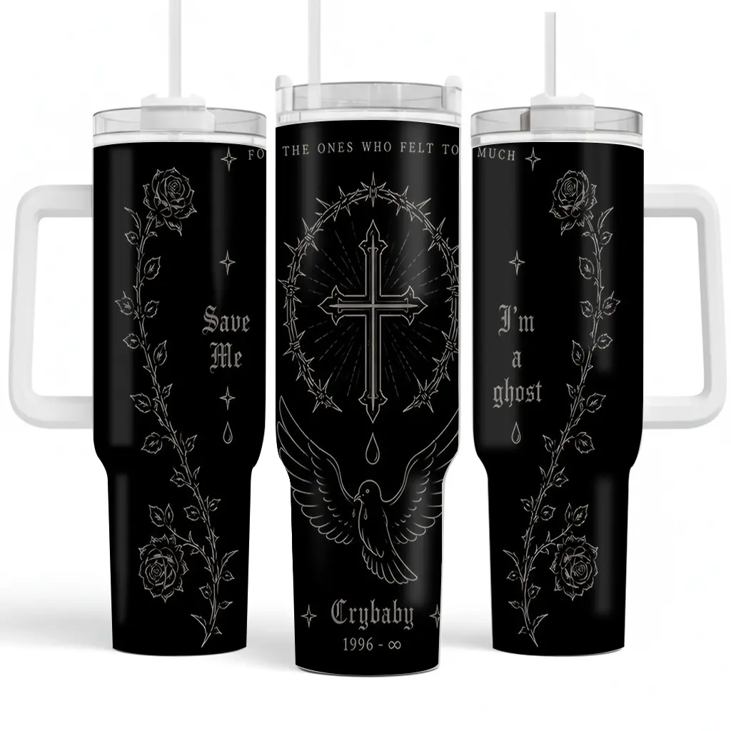 Dark Aesthetic 40oz Tumbler, Gothic Thorn Cross & Dove Stainless Steel Insulated Cup, "The Ones Who Felt Too Much" Crybaby 1996-∞ Design Travel Mug for Emo Fans