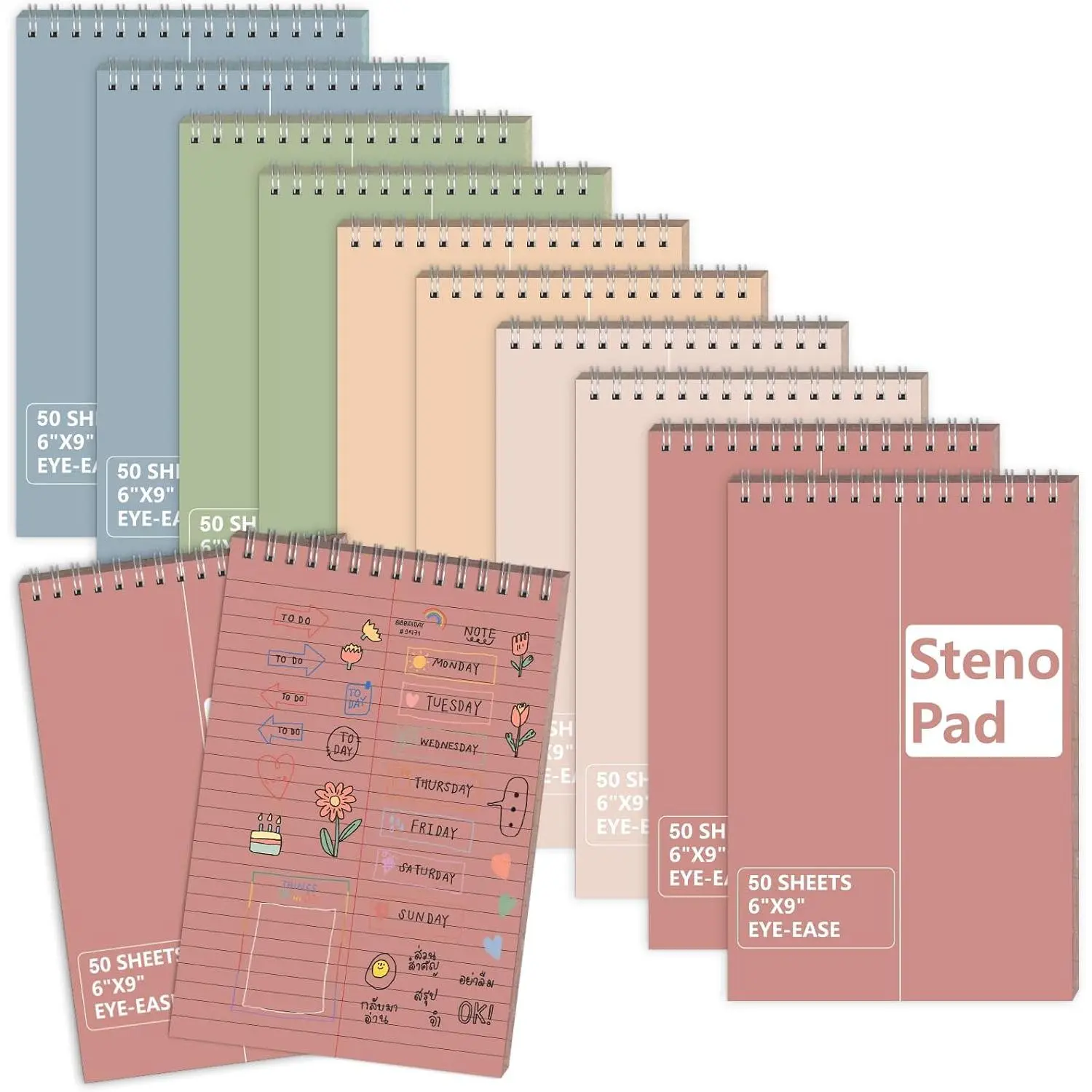 10 Pack 6X9 Pastel Steno Pads Gregg Ruled Spiral Notebook Top Spiral Notepad Colored Steno Pads Pastel Colored Notepads Color Paper 50 Sheets for School College Office(Red  Blue Green )